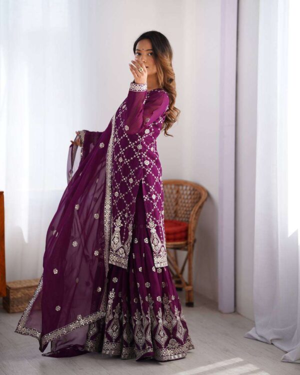 Hand Crafted Women's Georgette Straight Kurta Sharara Suit Set with Embroidery Work and Dupatta