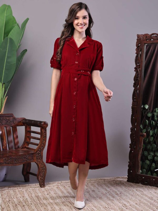 Women's Maroon Velvet Solid Print Shirt Midi Dress with Belt