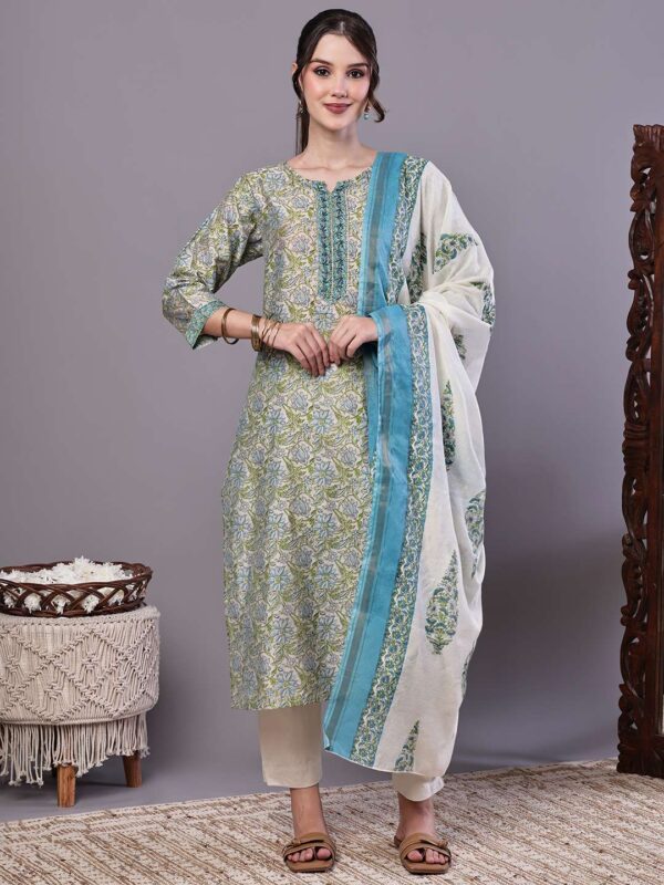 Women's Green & Blue Floral Chanderi Print Kurta Set with Dupatta Suit Sets