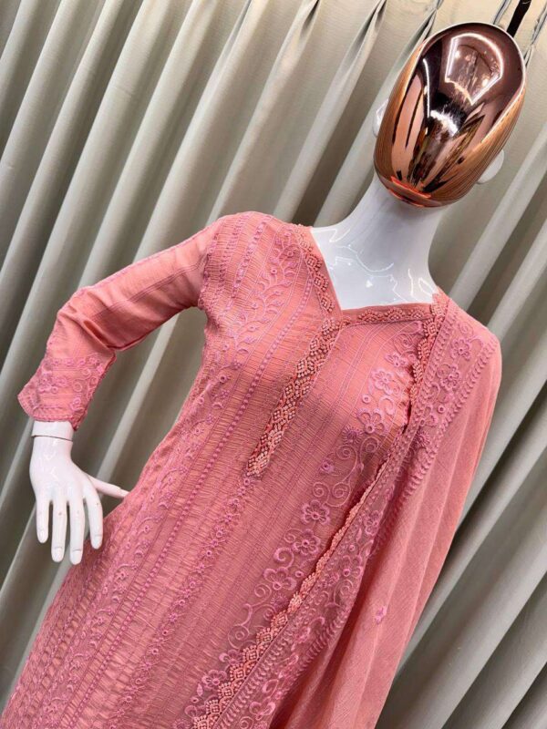 Hand Crafted Women's Chinon Silk Straight Kurti with Cotton Thread Embroidery, Pant and Dupatta Set