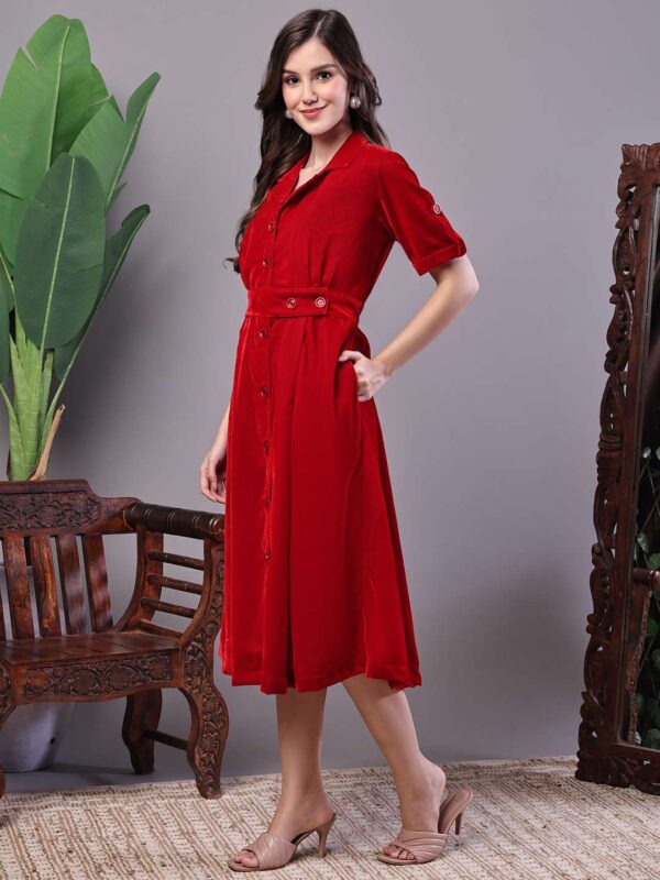 Women's Red Velvet Solid Print Shirt Midi Dress with Belt