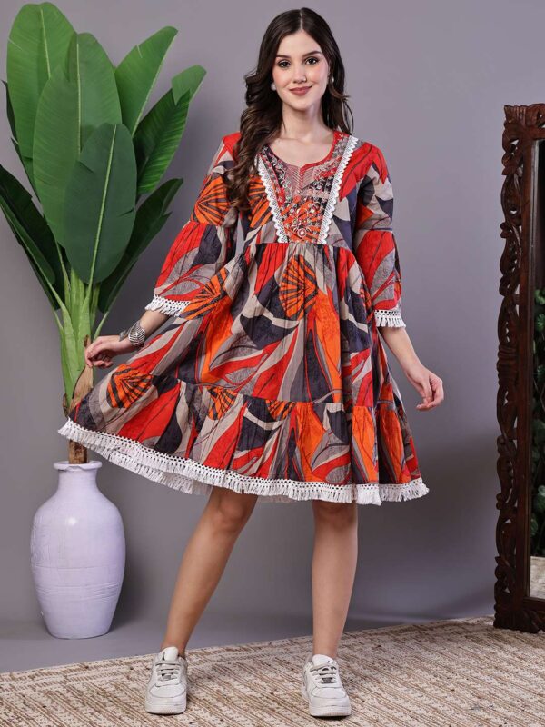Wome's Multicolor Print Cotton A-Line Dress with Embroidered Yoke Midi Dresses