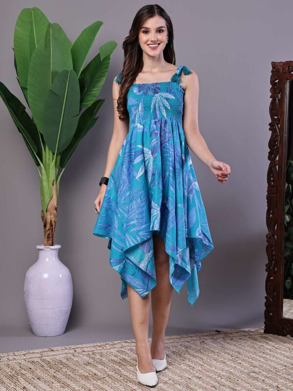 Women's Blue Print Asymmetrical Hem Smocked A-Line Dress Midi Dresses