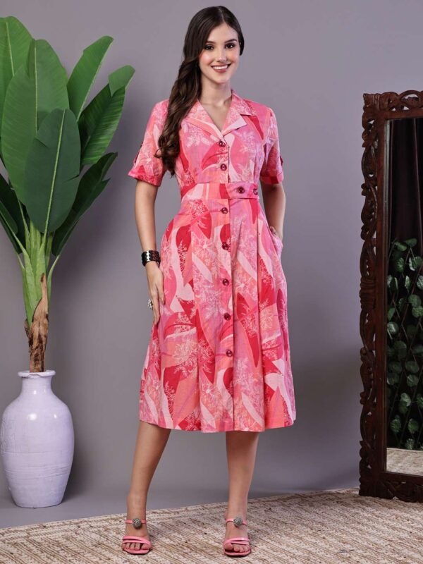 Women's Pink Print Cotton Midi Shirt Dress