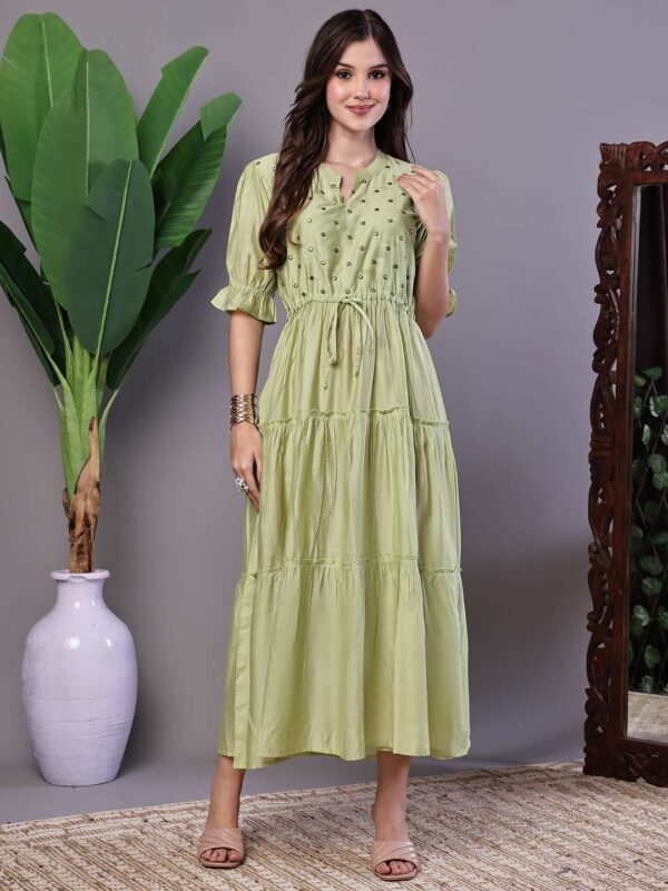 Wome's Boho-Trendy Forest Green Tiered Maxi Dress with Puff Sleeves Dresses