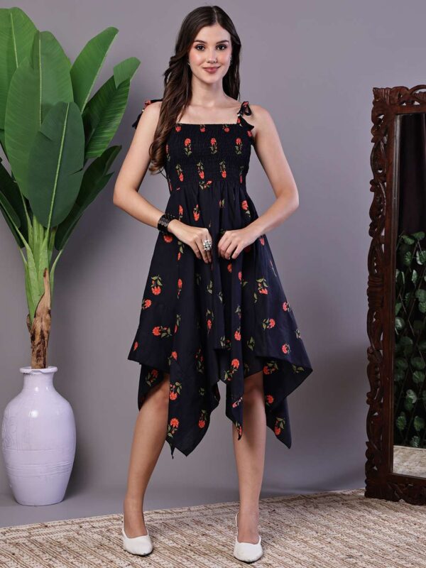 Women's Black Floral Print Cotton Handkerchief Hem Dress Midi Dresses
