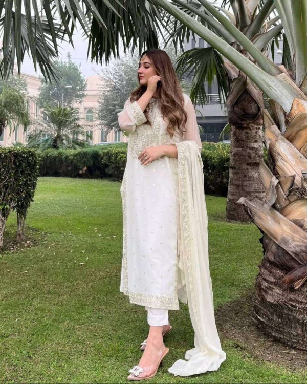 Hand Crafted Women's Georgette Straight Kurti with Sequin Embroidery, Rivet Moti Work, Pant and Dupatta