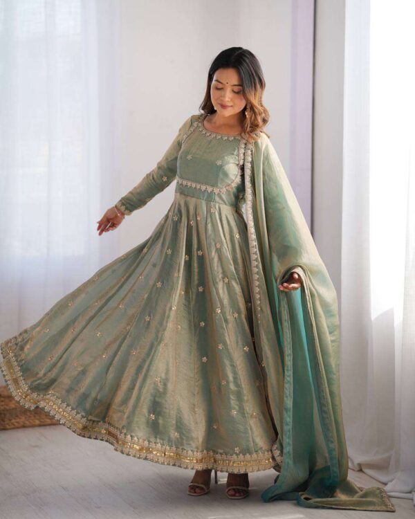 Hand Crafted Women's Fandy Silk Long Anarkali Gown Kurti with Cording, Sequin Work and Dupatta
