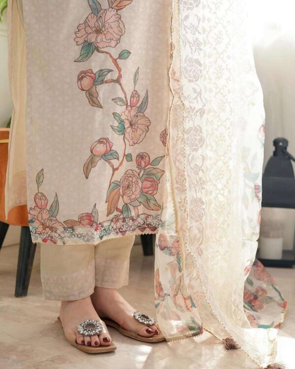 Hand Crafted Women's Lilan Cotton Hand Crafted Style Straight Kurti with Floral Print, Pant and Dupatta