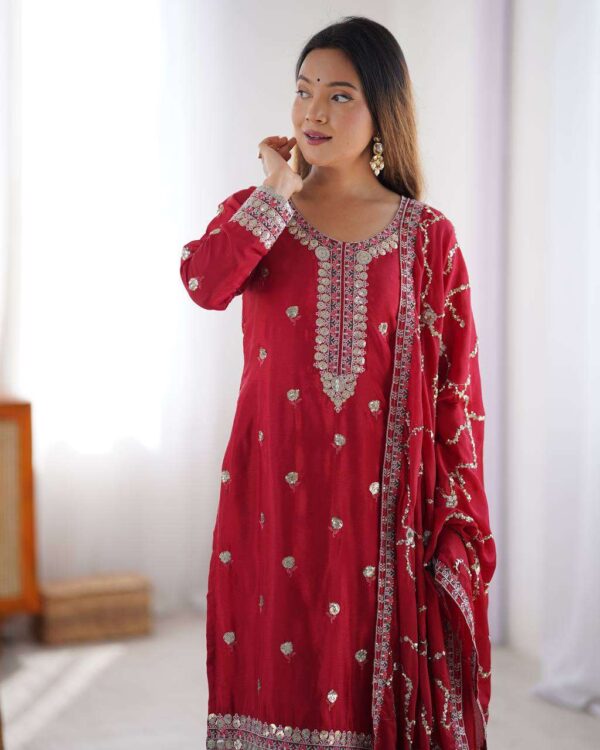 Hand Crafted Women's Chinon Silk Embroidered Straight Kurti with Pant and Dupatta Set