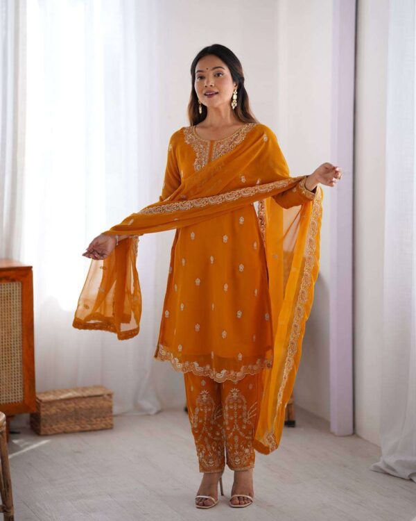 Hand Crafted Women's Georgette Embroidered Straight Kurti Pant Set with Matching Dupatta