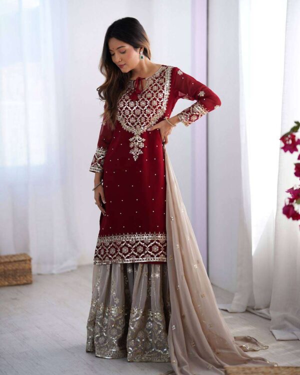 Hand Crafted Women's Faux Georgette Straight Kurta Sharara Set with Sequin Embroidery and Dupatta