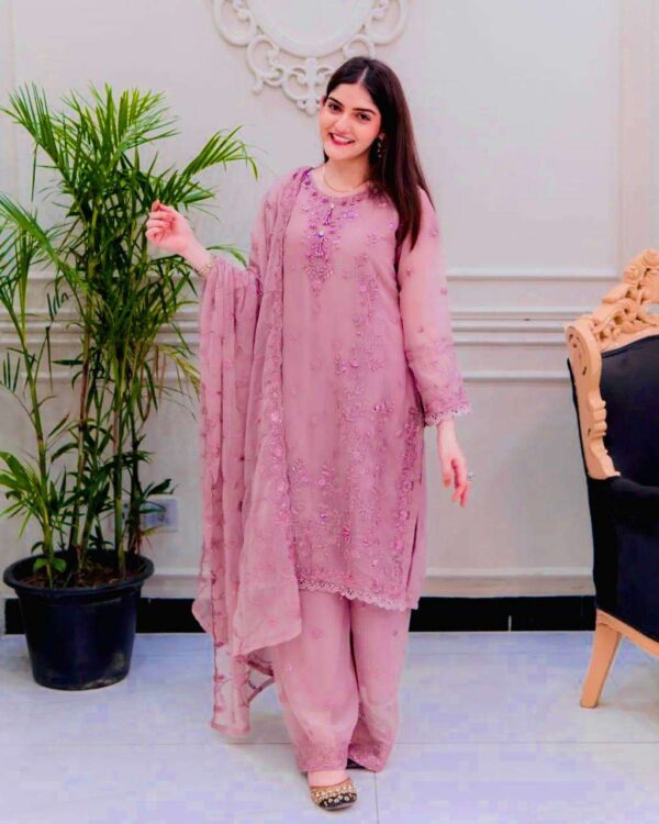 Hand Crafted Women's Faux Georgette Straight Kurti with Embroidery Work, Pant and Dupatta Set