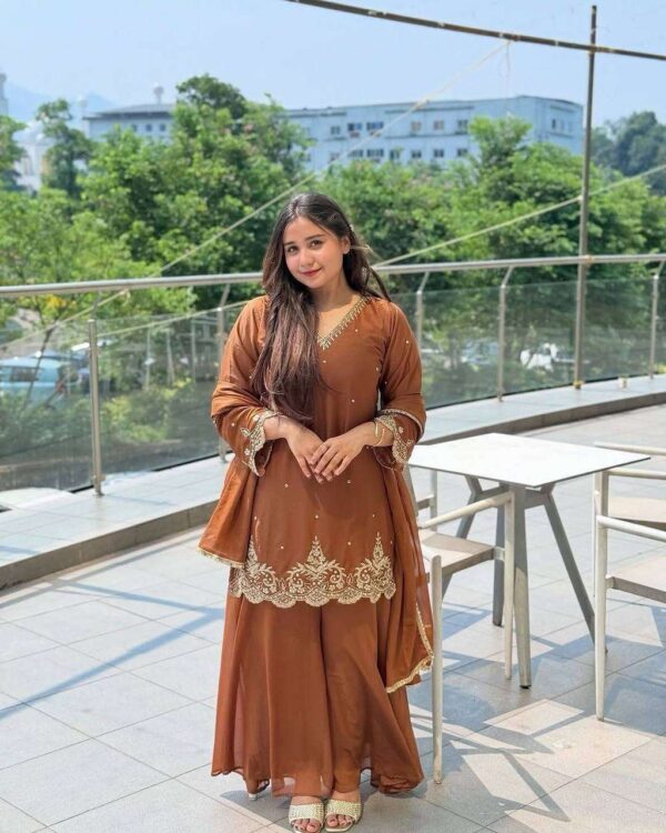 Hand Crafted Women's Georgette Straight Kurti with Sequin and Moti Work, Salwar and Dupatta Set