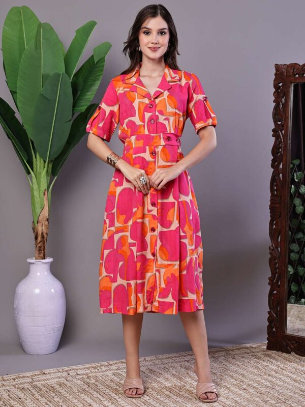 Women's Pink & Orange Abstract Print Cotton Shirt Dress