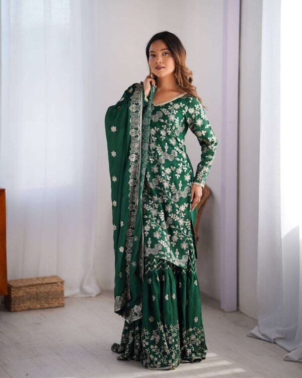 Hand Crafted Women's Chinon Silk Straight Kurti Sharara Set with Sequin Embroidery Work and Dupatta