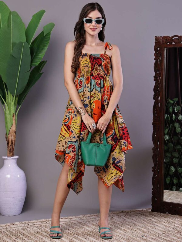 Women's Multicolor Abstract Print Cotton Handkerchief Hem Dress Midi Dresses