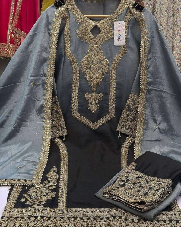 Hand Crafted Women's Chinon Silk Hand Crafted Style Straight Salwar Suit with Embroidery and Dupatta