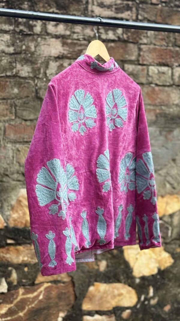 Womens Pink Velvet Embroidered Jacket with Floral Design