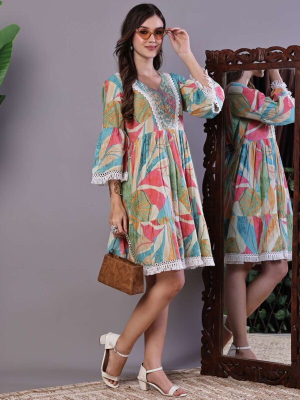 Wome's Multicolor Print Cotton A-Line Dress with Embroidered Yoke Midi Dresses