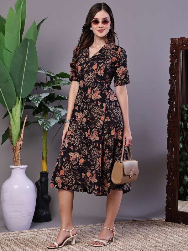 Women's Stylish Black & Rust Floral Print Button-Front Midi Dress