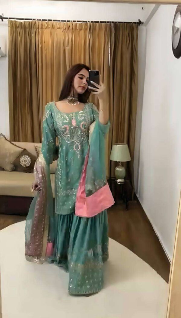 Hand Crafted Women's Chinon Silk Straight Kurta with Heavy Embroidery, Sharara and Dupatta Set