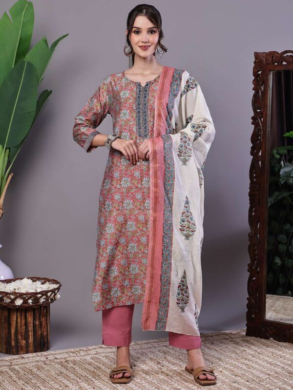 Women's Pink Floral Chanderi Print Kurta Set with Dupatta Suit Sets