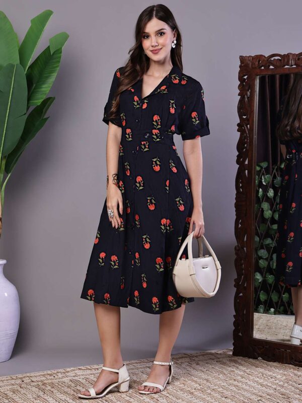 Women's Graceful Indigo & Orange Floral Block Print Cotton Shirt Dress