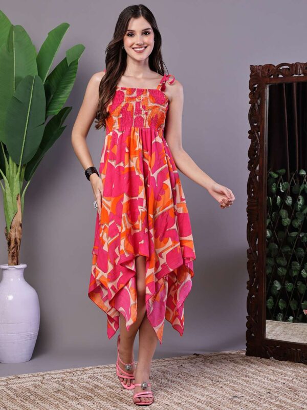 Women's Orange & Pink Print Cotton Handkerchief Hem Dress Midi Dresses